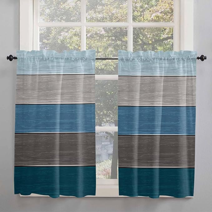 Retro Farm Blue Gray Wood Grain Window Valance Curtains, Rustic Wooden Plank