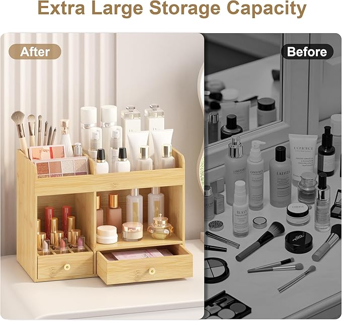 Makeup Organizer with Drawers, Bamboo Countertop Cosmetic Storage for Dresser Vanity Organizer Beauty Desk Skincare Holders Container Make Up Organizing for Lipstick