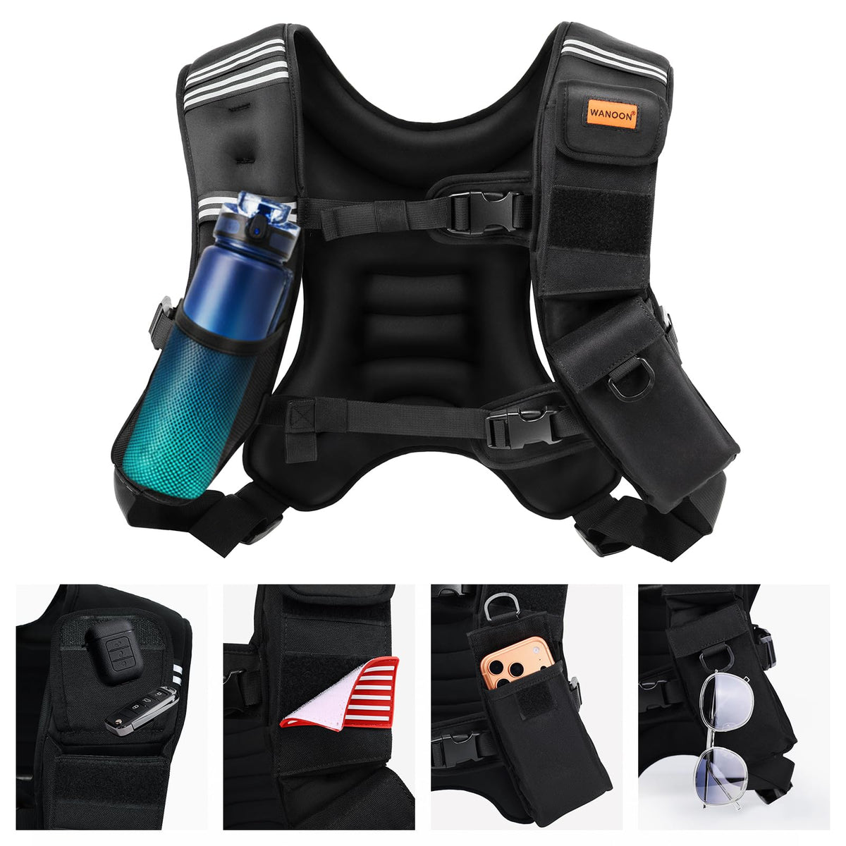 WANOON Weighted Vest for Men Women, 8lb/12lb/16lb/20lb/30lb/40lb Fixed Weight, Plus Size Fitness Vest with Phone Pocket & Reflective Strips for Walking Running Rucking Strength Training