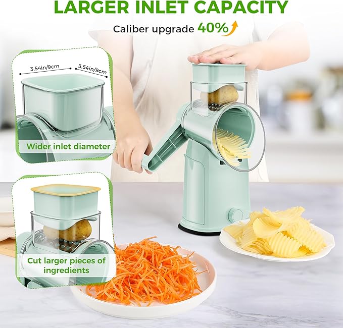 YSEPOZ 7 IN 1 Upgraded Rotary Cheese Grater with Handle – Vegetable Shredder with Built-in Storage Blade Slot, 5 Versatile Blades, Strong Suction Base Round Mandoline Slicer, Food Chopper for Kitchen