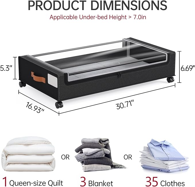 Yecaye 4 Pack Under Bed Storage with Wheels, Under Bed Storage Containers with Lids, Large Under Bed Rolling Storage with Clear Window & Label, Rolling Drawers for Clothes, Blankets, Books