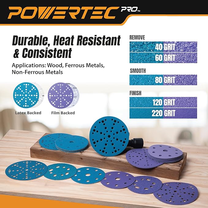 POWERTEC PRO 50PK, 6 Inch 49 Holes Sanding Disc, 220 Grit, Zirconia Hook and Loop Film Backing Sandpaper for Festool Random Orbital Sanders - Automotive, Paint, Metal, Woodworking (46122Z-50)