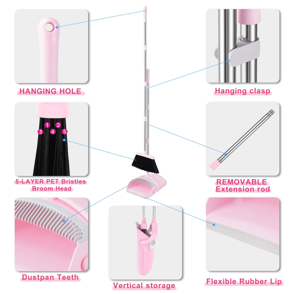 BSKLIN Broom and Dustpan Set for Home, 52” Long Handle Broom with Dustpan Combo Set with Dust Pan Teeth to Clean Hair Sweeping Set for Kitchen Hardwood Floors Pet Hair (Pink)