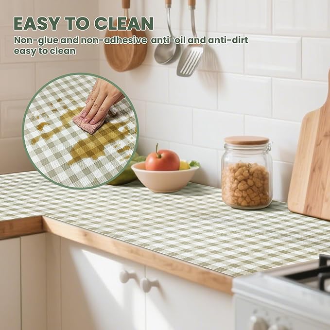 Drawer Liner and Shelf Liner for Kitchen Cabinet Liner Non-Adhesive Non-Slip Shelf Paper, Thick Strong Grip Waterproof Easy to Clean for Shelves, Cupboard, Desks, Green Plaid Pattern, 17.5 in x 30 FT