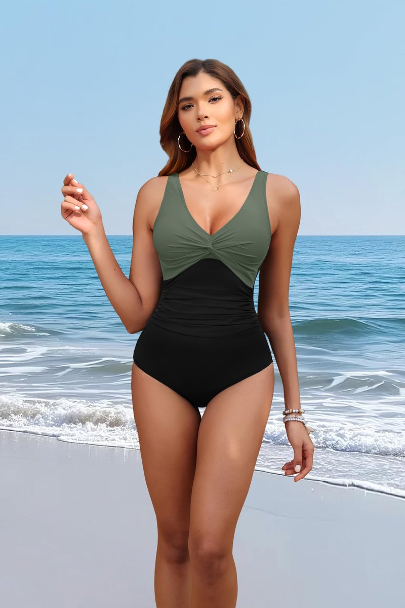 Holipick Green and Black Women Tummy Control One Piece Swimsuit - Push Up Bathing Suit Full Coverage Slimming Swimwear M