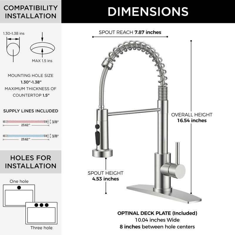 FORIOUS Kitchen Faucets with Sprayer, Brushed Nickel Stainless Steel Sink Faucet Single Handle with Deck Plate, Commercial Classic Spring Faucet for Kitchen Sink, Bar & Prep Sinks, Laundry RV Camper
