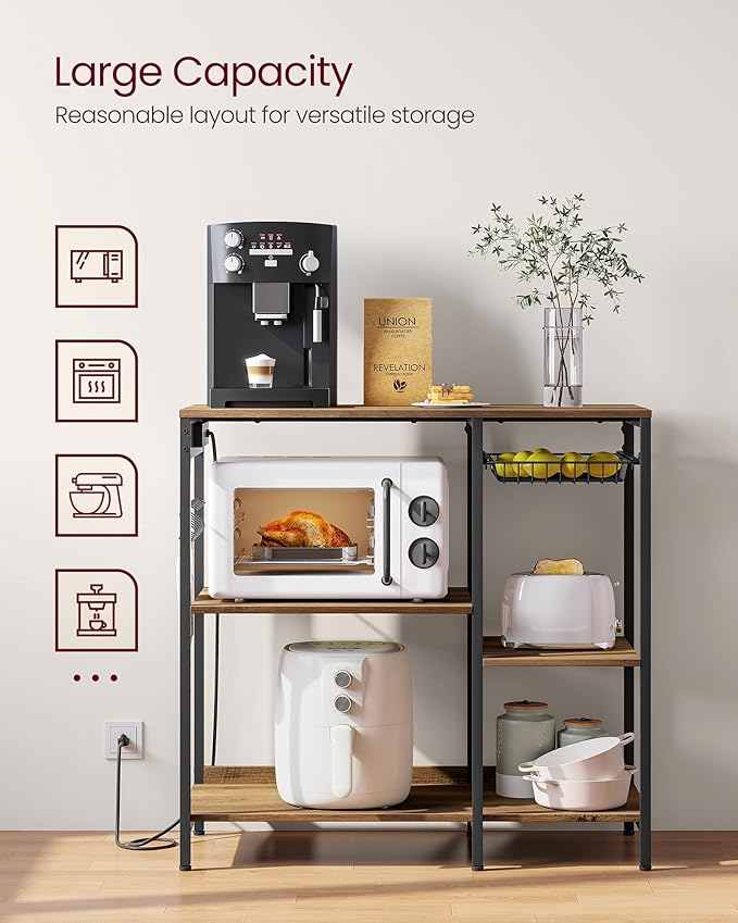 VASAGLE Baker's Rack, Coffee Bar Stand with Charging Station, 35.6 Inches Tall, Storage Shelves, Pull-Out Wire Basket, Table for Microwave, Kitchen, Honey Brown and Ink Black UKKS036K41