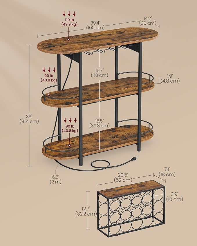 VASAGLE Bar Cabinet with LED Lights and Power Outlets, Freestanding Coffee Bar Wine Cabinet, Wine Rack, Glass Holder, Mini Bar for Liquor and Glasses, Kitchen, Dining Room, Rustic Brown ULWR007K01S