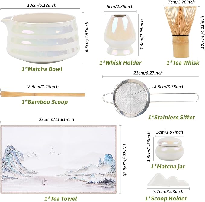 Visivessel 8Pcs Matcha Whisk Set, Iridescence Matcha Making Tools Accessories Kit with Bamboo Matcha Whisk,Bowl,Spoon,Sifter and Holder, Gifts for Matcha Lovers on Christmas, Birthday, Teacher's Day