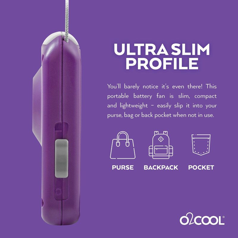 O2COOL Battery Powered Deluxe Necklace Fan For Personal Cooling With Adjustable Lanyard (Purple)