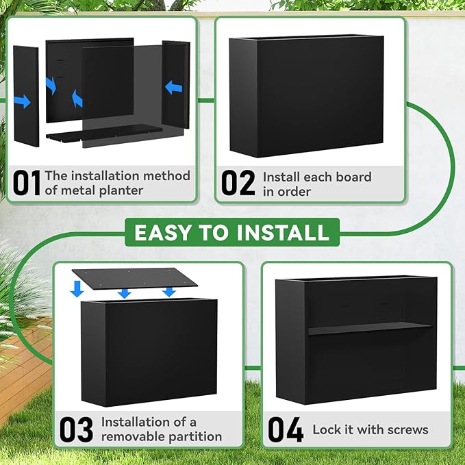 Metal Planter, 30L x 10W x 24H, Heavy Duty Tall Planters for Outdoor Plants, Black Planters with Removable Insert Shelf, Large Planters with Drainage Holes for Porch, Patio and Yard, Black
