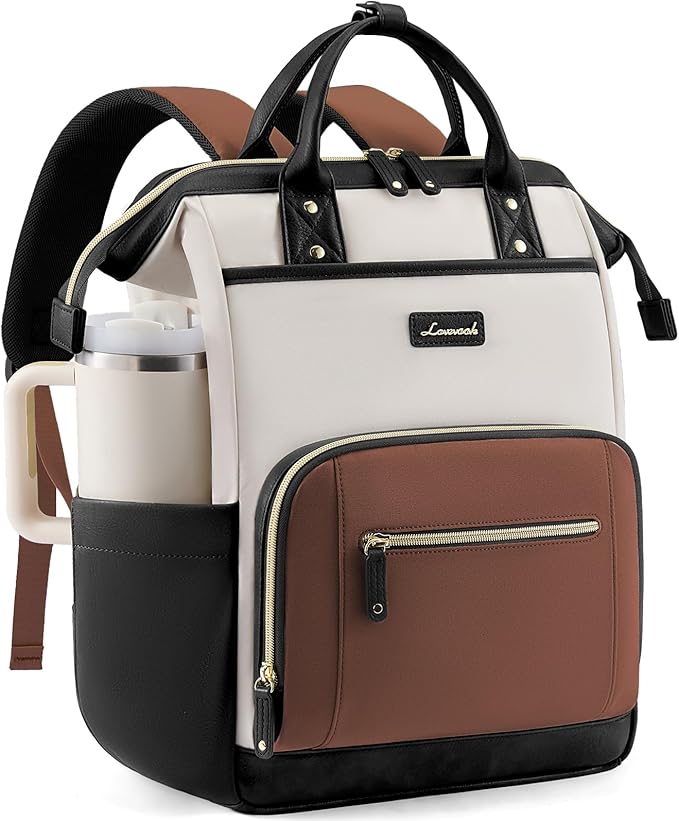 LOVEVOOK Laptop Backpack for Women with Giant Tumbler Holder,18 inch Professional Nurse Teacher Backpack Computer Laptop Bag,Cute Waterproof Travel Backpack Purse Work College Bag, Beige-Black-Brown