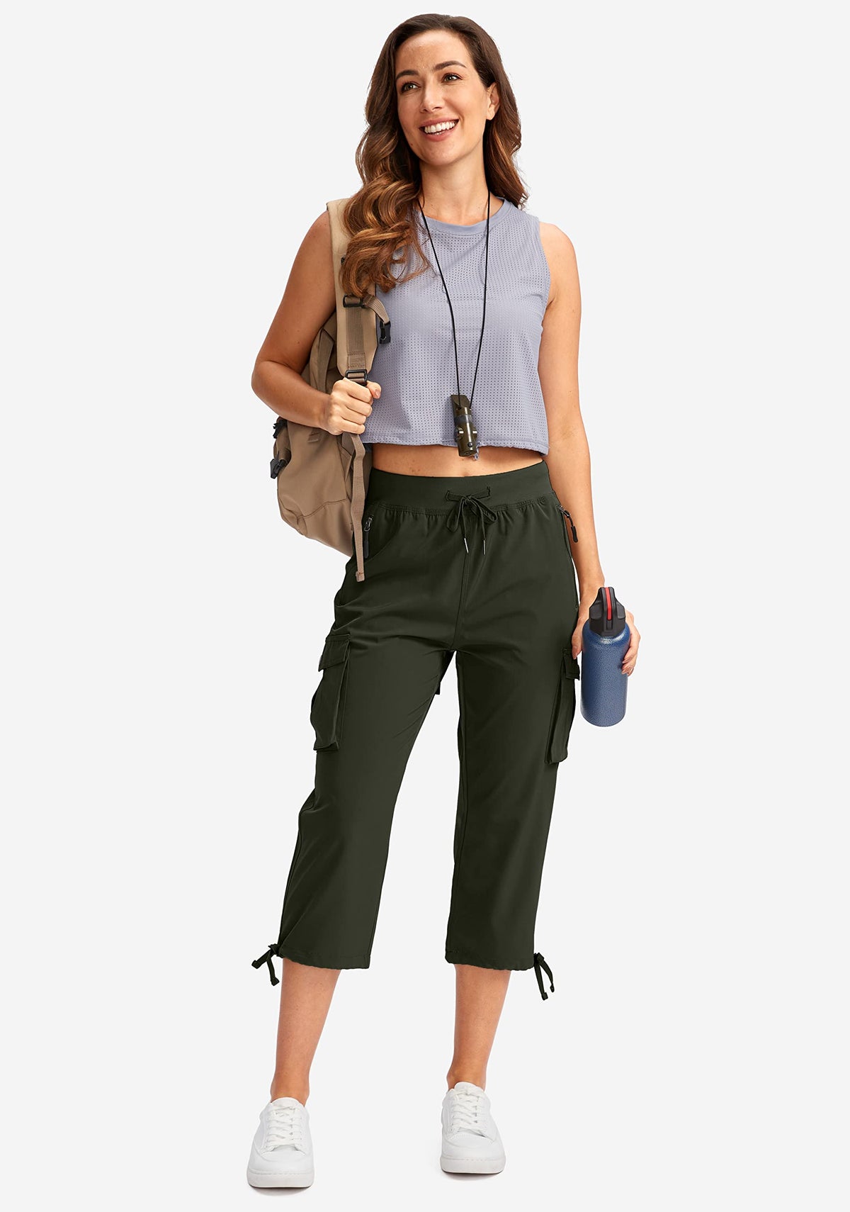 Soothfeel Women's Cargo Capris Pants with 6 Pockets Lightweight Quick Dry Travel Hiking Summer Pants for Women Casual (Army Green, 4XL)