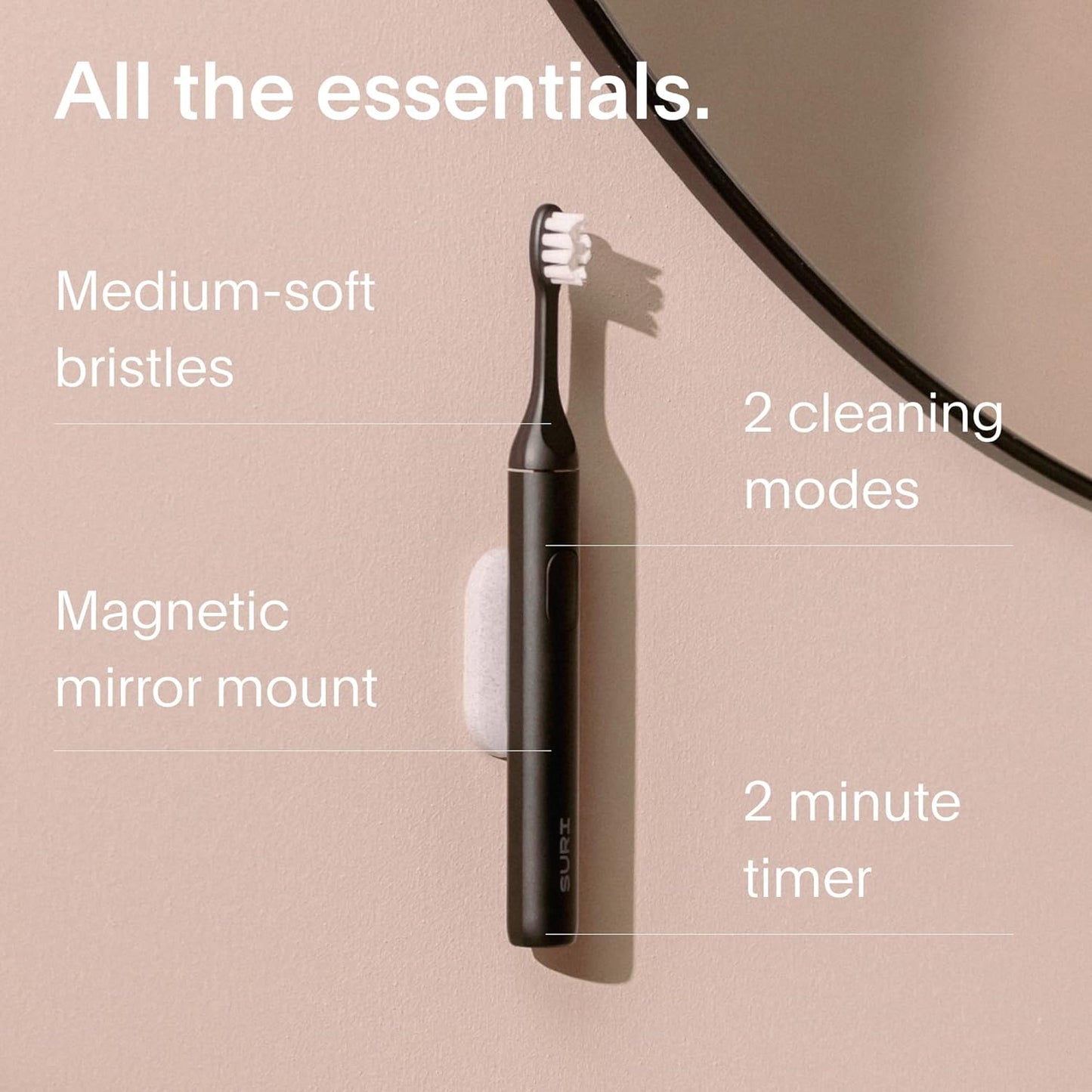 SURI 1.0 Sonic Electric Toothbrush with UV Cleaning Travel Case | 40+Day Battery | Designed in California | Electric Toothbrush for Adults | Travel Toothbrushes | Tooth Brush | Black