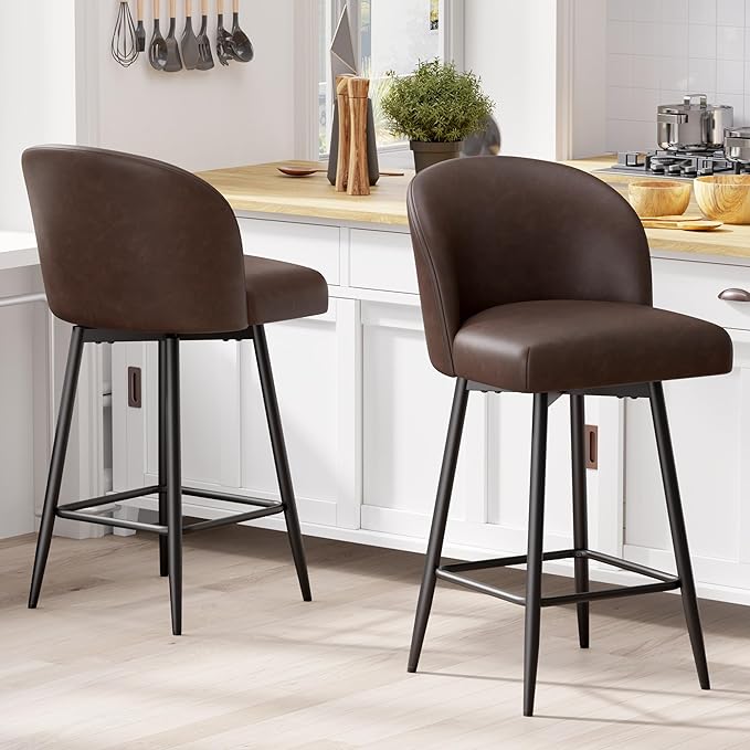 Counter Height Bar Stools Set of 2,360° Swivel Barstools with High Back and Metal Legs,26" Seat Height, Upholstered PU Leather Bar Chairs for Kitchen Island, Dining Room,Cafes,Dark Brown