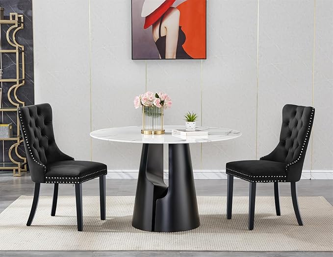 Round Faux Marble Dining Table Set for 4, Modern Luxury Kitchen Table for 4-6, Circle Dining Tables with White Marble Grain Top and Black Carbon Steel Pedestal Base (1 Table Only)