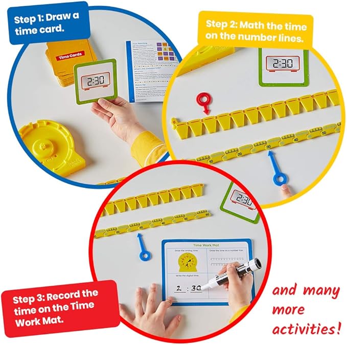 Hand2Mind Telling Time Basics Center Kit - Learn to Tell Time Activity Set with Analog Classroom Clock for Kids, Yellow