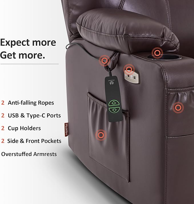 MCombo Extra Wide Power Lift Recliner Chair for Elderly, Lift Chair with Heat and Massage for Big People, USB&Type C Ports, Cup Holders, Faux Leather R7045 (Dark Brown, Medium-Wide)