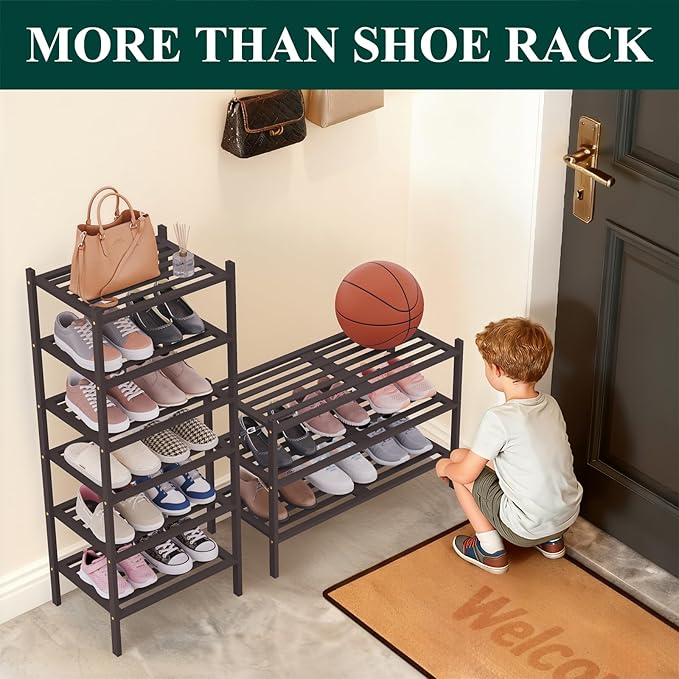 Smiry Bamboo Shoe Rack 3-Tier, Stackable Wooden Shoe Organizer for Entryway & Closet, Free Standing Wood Shoe Storage Shelf for Front Door & Small Spaces, Brown