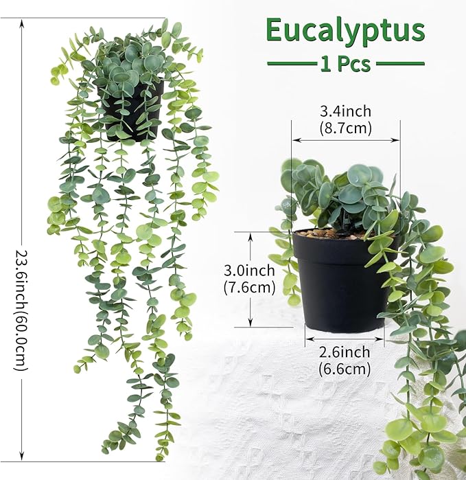 LOYWREE 2 Pack Fake Hanging Plants Artificial Eucalyptus Small Potted Long Vine Plant for Indoor and Outdoor Shelves, Walls, Rooms, Homes, Offices, and Gardens Decor (Black Pot)