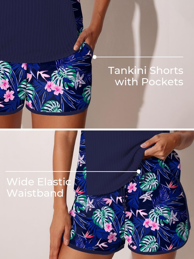 Summer Mae Modest Tankini Swimsuits for Women 2026 Textured Ribbed Bathing Suits Tummy Control Swim Shorts with Pockets Monstera Leaf Pattern Size 14