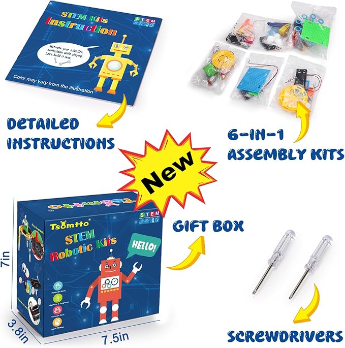 STEM Robotics Kit 6 Set Science Experiments Project Activities Toys for Kids 4-8 8-12 Engineering Building Electronic Motor Robot Kid Craft Boy Girl 5 6 7 8 9 10 12 Year Old Outdoor Toy