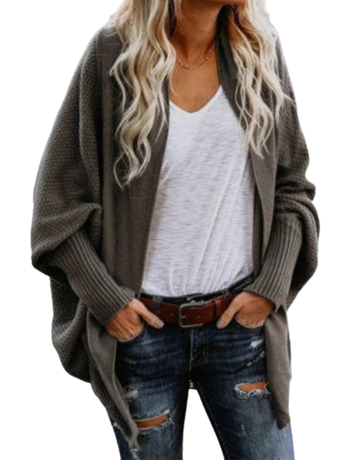LIZALIG Women's Kimono Batwing Cable Knitted Slouchy Oversized Wrap Cardigan Sweater