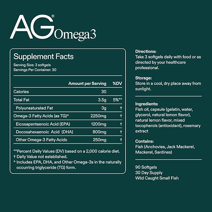 AG1 Omega 3 Fish Oil Supplement Softgel Capsules w/EPA & DHA Fatty Acids from Wild-Caught Fish | 90 ct. 2,000 mg Athletic Greens