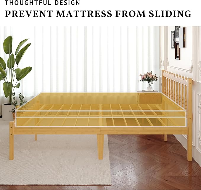 Bamboo Twin Bed Frame with Headboard, 14 inch Solid Wood Platform Bed Frames Twin Size with Metal Slats, No Box Spring Needed, Easy Assembly, Noise Free