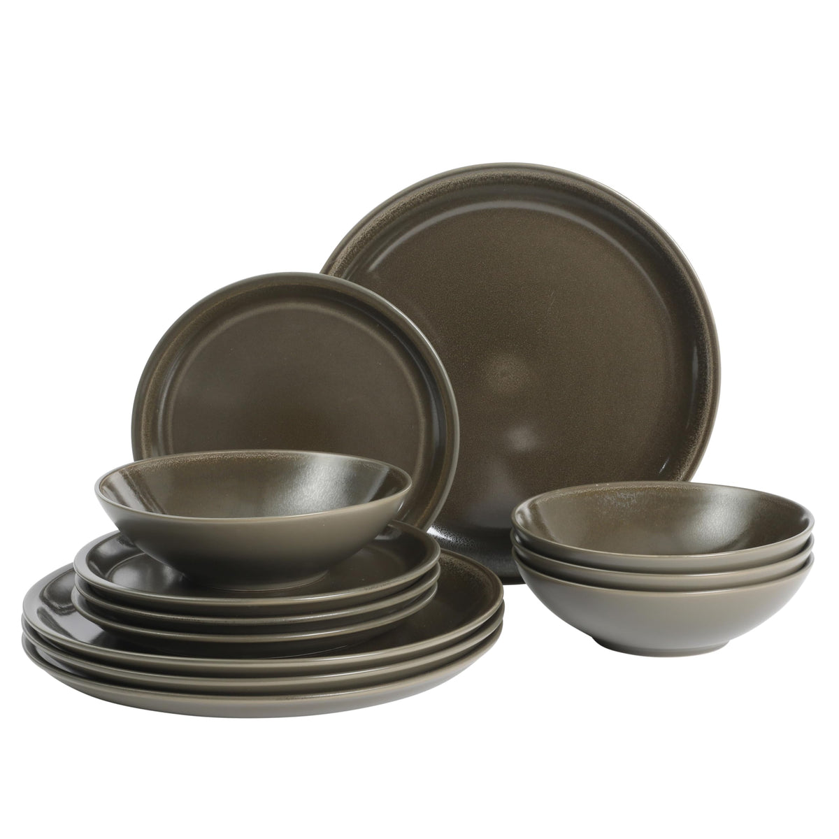 Gibson Elite Island Cove 16 Piece (Service for 4) Plates and Bowls Reactive Glaze Organic Round Dishes Stoneware Ceramic Dinnerware Set -Light Grey