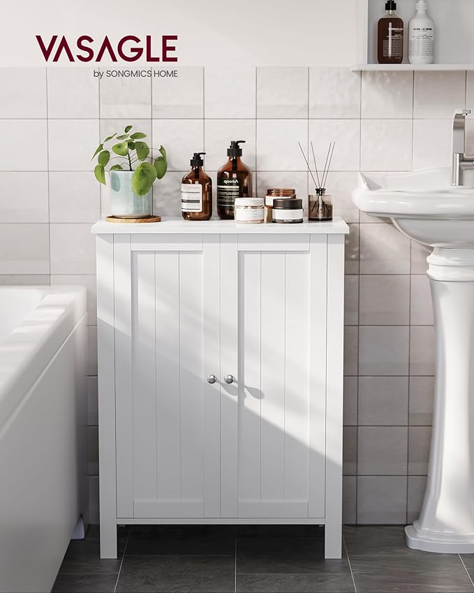 VASAGLE Floor Storage Cabinet, Freestanding Storage Unit with 2 Adjustable Shelves, for Bathroom Living Room Dining Kitchen, 11.8 x 23.6 x 31.5 Inches, Cloud White UBCB060WH01S