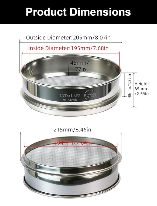 All 304 Stainless Steel 30 Mesh Test Sieve, 8 Inch/20cm Diameter, Lab Sieve &