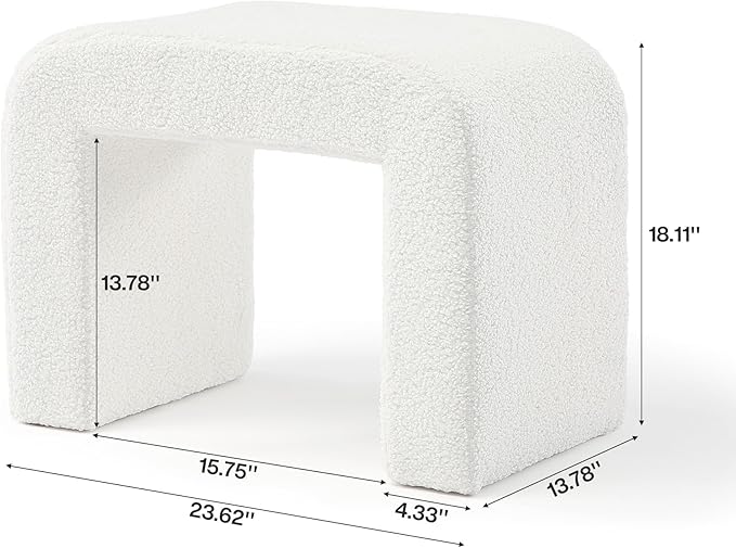 Tribesigns Foot Stool for Couch, Modern Boucle Vanity Stool Chair, Large Faux Sherpa Ottoman Foot Rest, Arched Shoe Bench or Entryway, Upholstered Extra Seating for Living Room, Fully Assembled, White