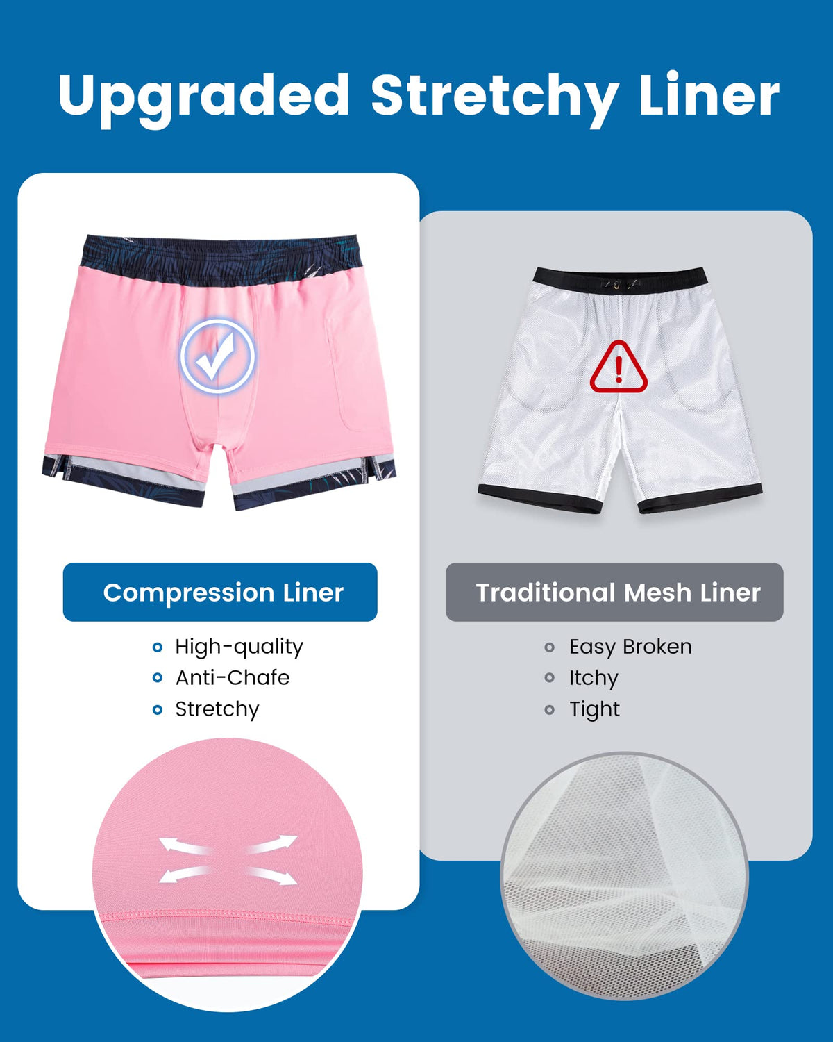 maamgic Mens Swim Trunks with Compression Liner 5 Inch, Quick Dry Bathing Suit with Zipper Pockets, Stretch No-Chafing Swim Shorts, Navy-Pink Leaf Silhouette Medium