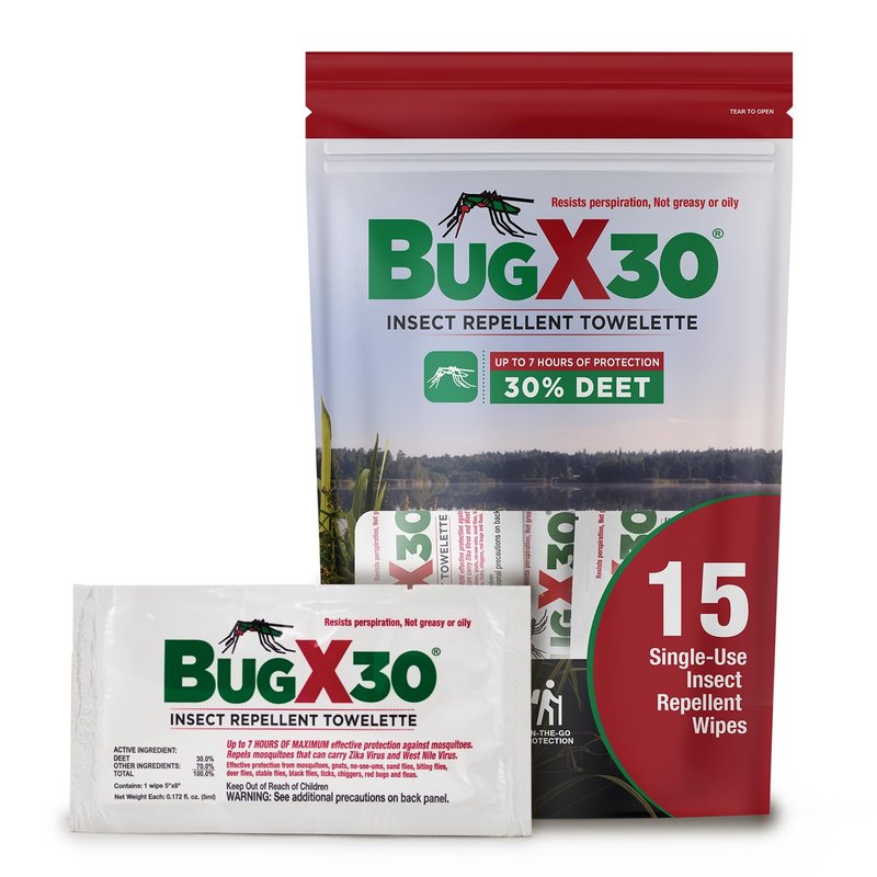 CoreTex Bug X 30 Insect Repellent Towelette with 30% DEET - Pack of 15 Single-Use Insect Repellent Wipes Repel Biting Insects for up to 7 Hours