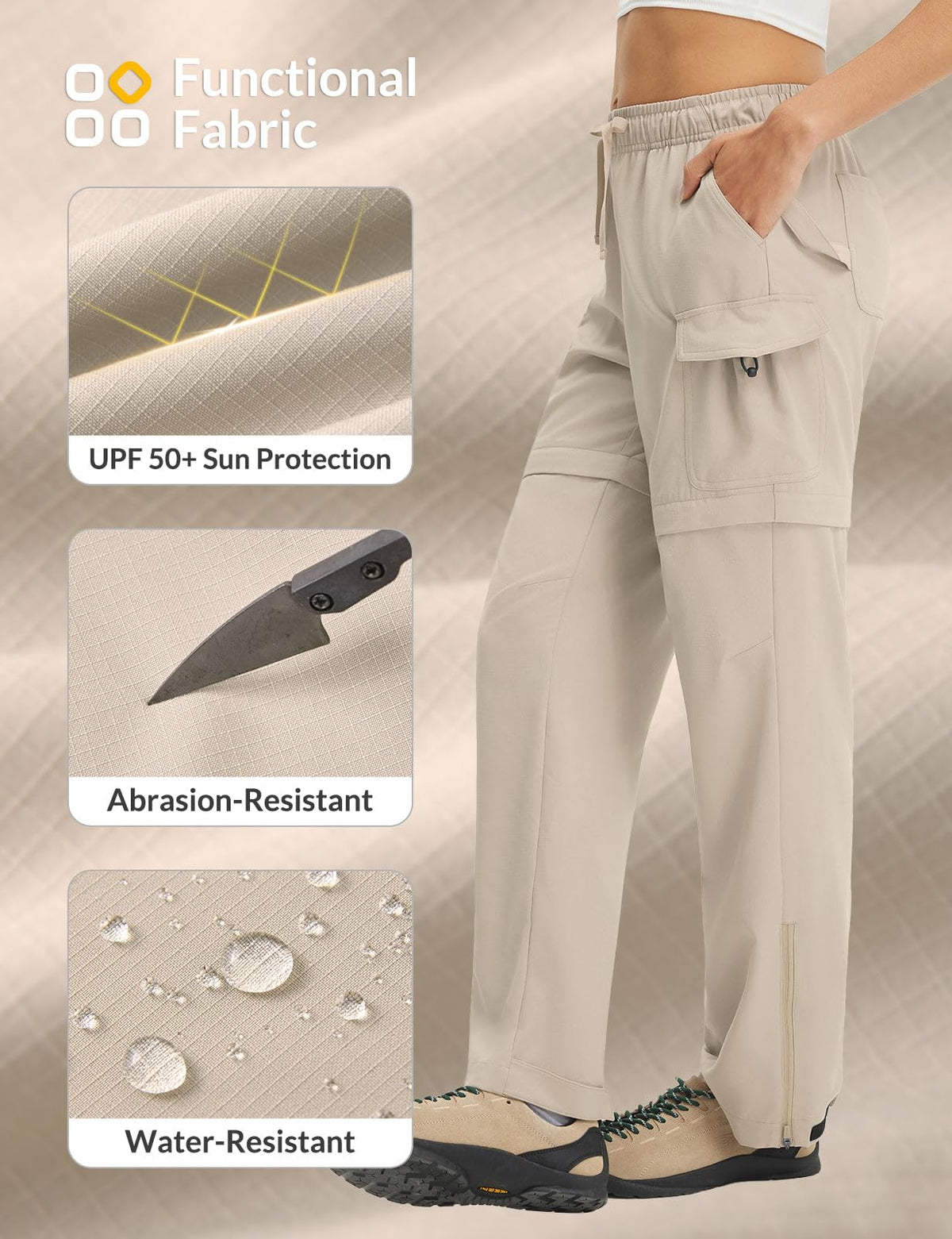 baleaf Women's Hiking Pants 29'' Convertible Zip-Off Pants with 6 Pockets Water Resistant Lightweight Quick Dry UPF 50+ Khaki L