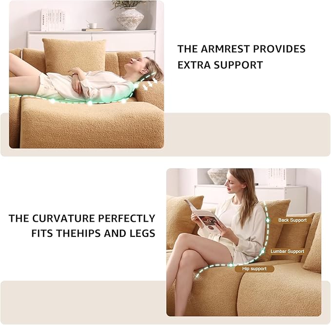 Camel 3-Seater Cloud Couch, Modern Teddy Fabric Boneless Sectional Sofa in a Box for Living Room, Modular Floor Couch, Deep Seat, No Assembly Required, Sofas para Sala