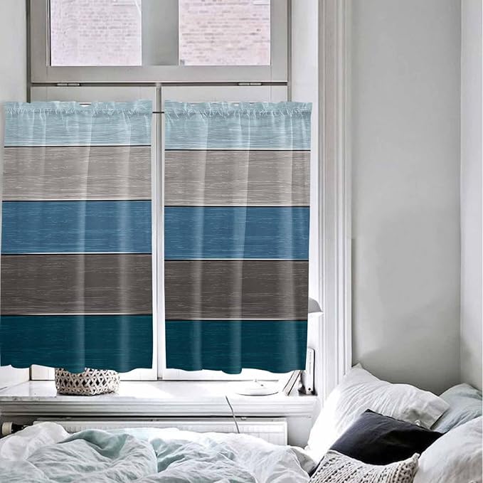 Retro Farm Blue Gray Wood Grain Window Valance Curtains, Rustic Wooden Plank