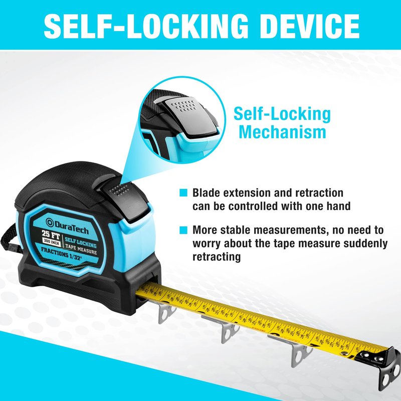 DURATECH 25FT Auto-Lock Tape Measure, Easy Read Magnetic Measuring Tape with Fractions 1/8″, Double Sided Measurement Tape with Minimum Scale 1/32″, Magnetic Hook, and Rubber Protective Casing