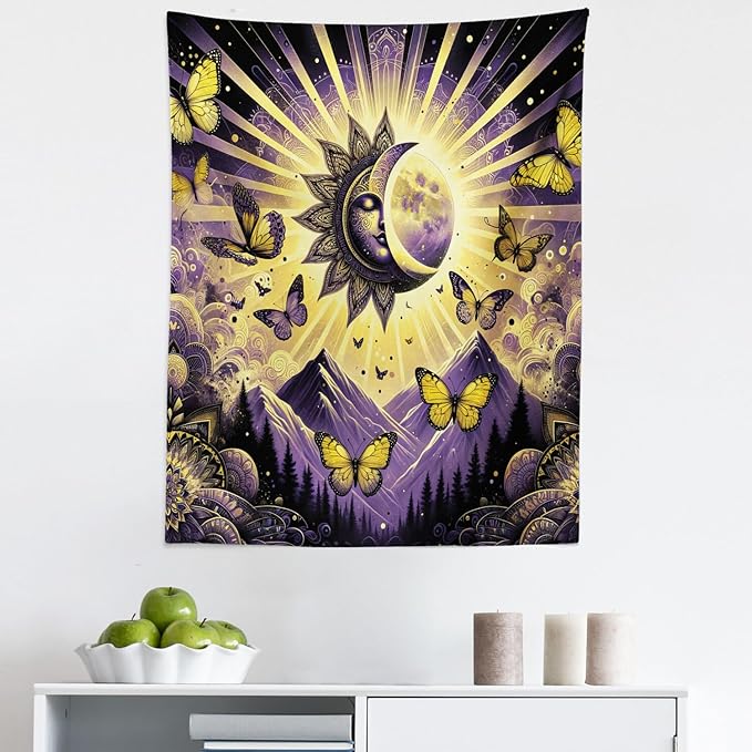 Ambesonne Boho Tapestry, Sun and Moon Art Concept Esoteric Mountain Scene with Dancing Butterfly, Fabric Wall Hanging Decor for Bedroom Living Room Dorm, 23" X 28", Violet Mustard Dark Grey