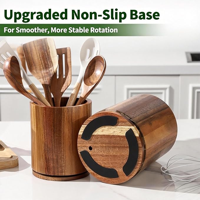 Wooden Utensil Holder, 360°Rotating 7.3'' Large Utensil Holder for Kitchen Counter, Kitchen Utensil Organizer, Utensil Crock, Farmhouse Kitchens Countertop Decor, Cherry-finish