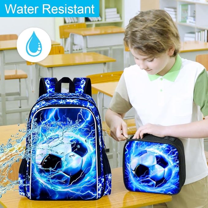 KLFVB 3PCS Kids Backpack, 17" Boys Football Bookbag and Lunch Box, Water Resistant Teenagers School Backpacks for Middle Elementary - Lightning Soccer