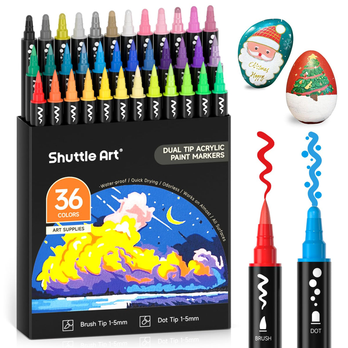Shuttle Art 36 Colors Dual Tip Acrylic Paint Markers, Brush and Fine Tip for Rock Painting, Ceramic, Wood, Canvas, Plastic, Glass, Stone, Calligraphy, Card Making, DIY Crafts