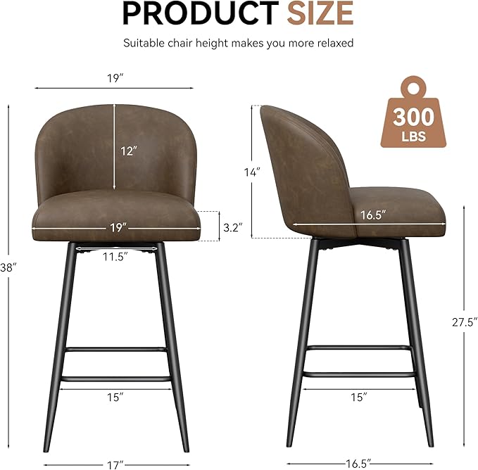 Counter Height Bar Stools Set of 4,360° Swivel Barstools with High Back and Metal Legs,26" Seat Height, Upholstered PU Leather Bar Chairs for Kitchen Island, Dining Room,Cafes,Dark Brown