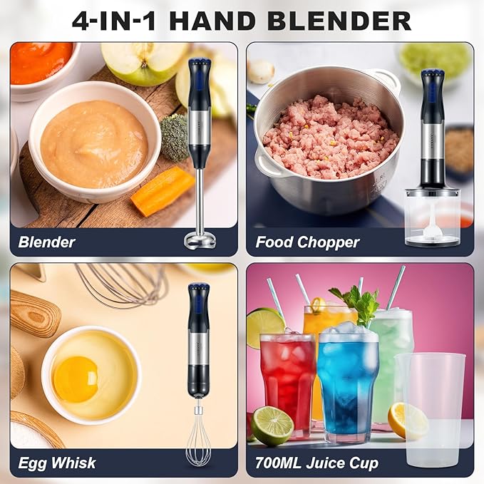 freebala Immersion Blender, 4 in 1 Hand Bender Max 1000W, 5 Speeds & Turbo with Copper Motor Stainless Steel Blade, Handheld Blender Stick Mixer with Egg Whisk, 700ml Beaker & 500ml Chopper Bowl