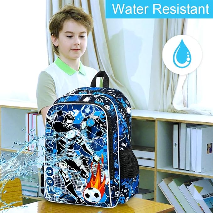 KLFVB 3PCS School Backpack, 17" Kids Football Bookbag and Lunch Box, Water Resistant Teenagers Backpacks for Middle Elementary - Soccer