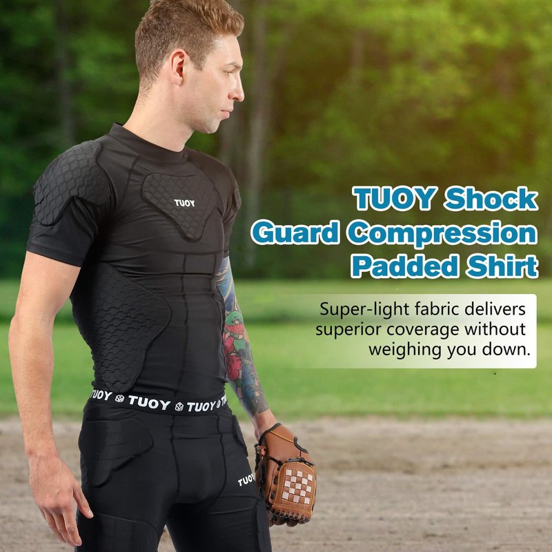 TUOY New Football Rib Chest Protector Shirt Padded Compression Shirts 6 Pads Adult Sizes
