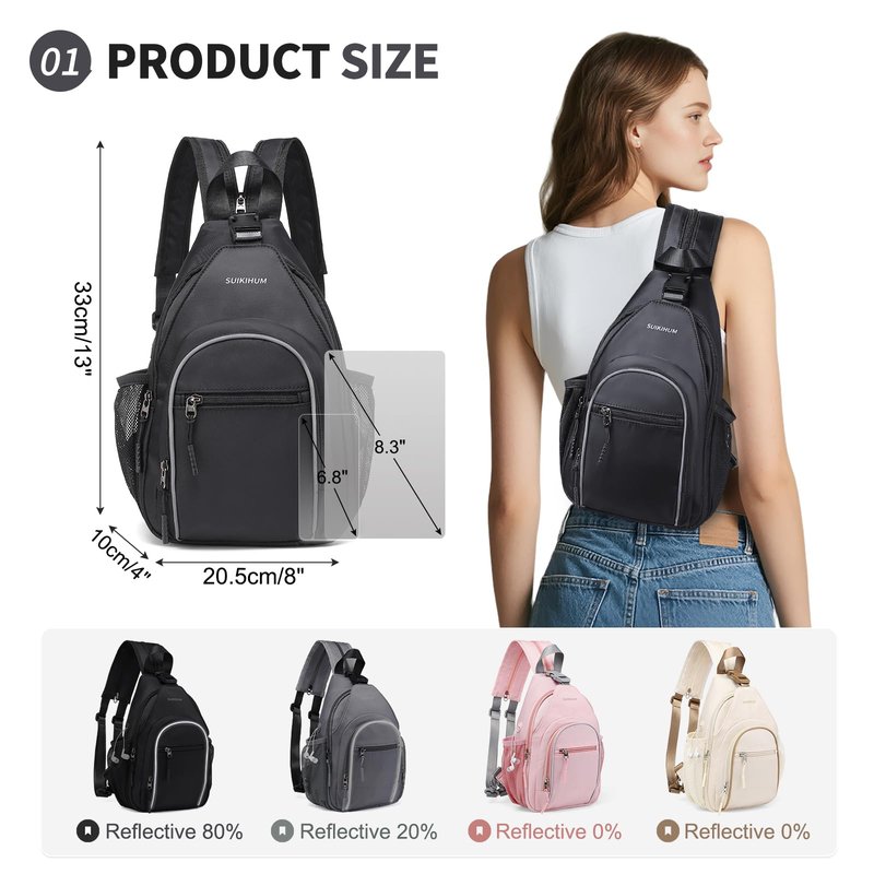SUIKIHUM Crossbody Sling Bag with Water Bottle Holder, 8.3" Convertible Small Backpack Anti Theft Daypack, Chest Fanny Pack for Men Women, Black