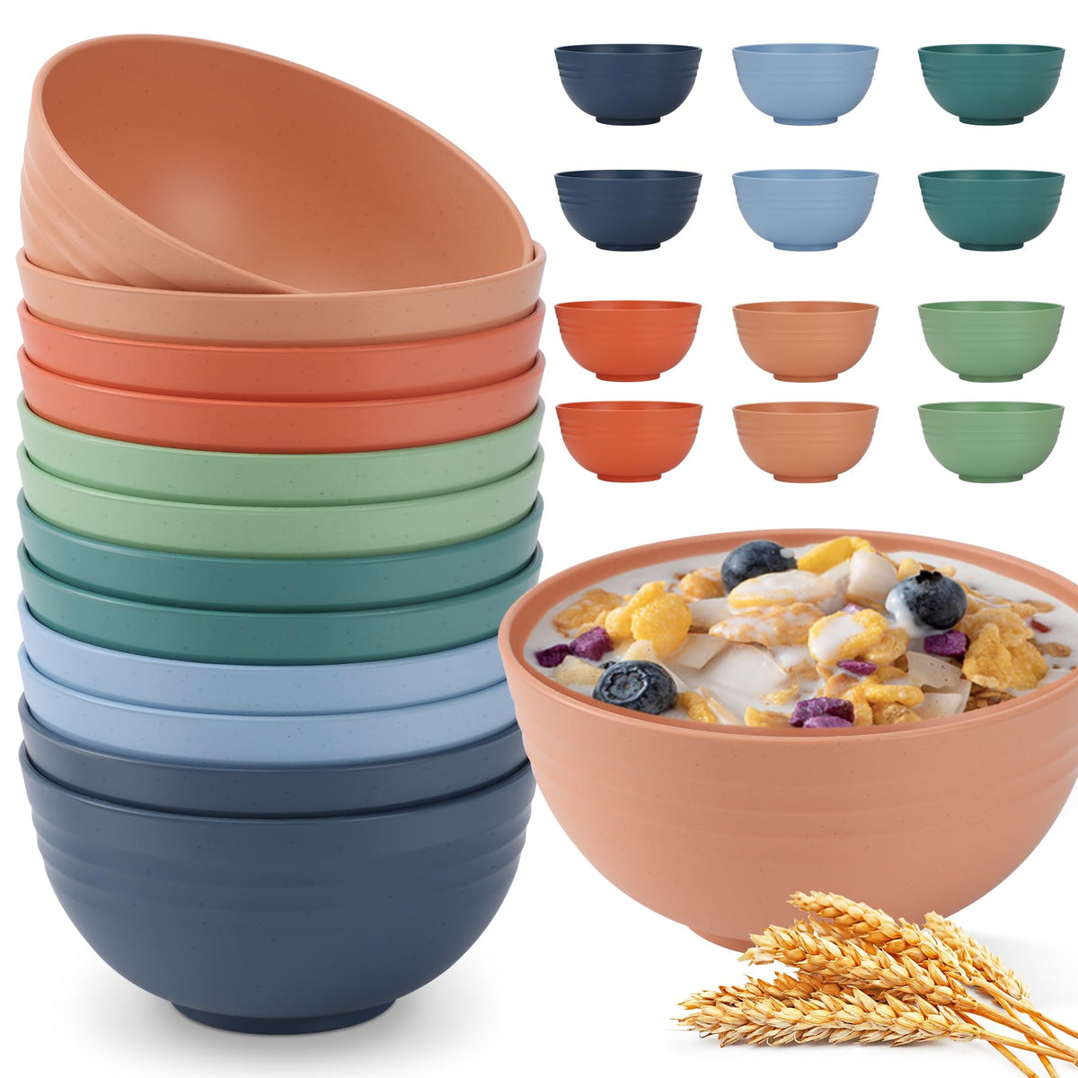 HOTEC Unbreakable Wheat Straw Cereal Bowls - Microwave & Dishwasher Safe Soup and Salad Bowls BPA Free, Set of 8, 26oz, Off-White
