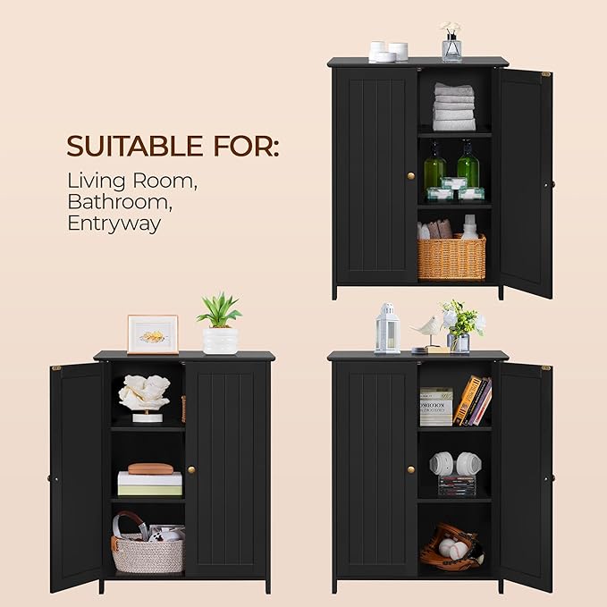 Yaheetech Bathroom Floor Cabinet, Modern Storage Freestanding Organizer Cabinet with Adjustable Shelves & Double Doors, 3-Tier Home Living Room Furniture, Black